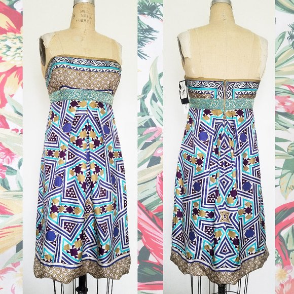 Nicole Miller Dresses & Skirts - NEW Nicole Miller Collection Silk Dress Boho Mixed Media Scarf Print Strapless